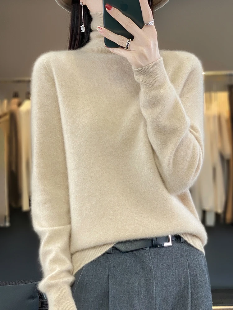 女性用カシミヤタートルネックセーター、ベーシックプルオーバー、100% メリノウール、単色、長袖、knitwear、女性用衣類、トップス、秋冬