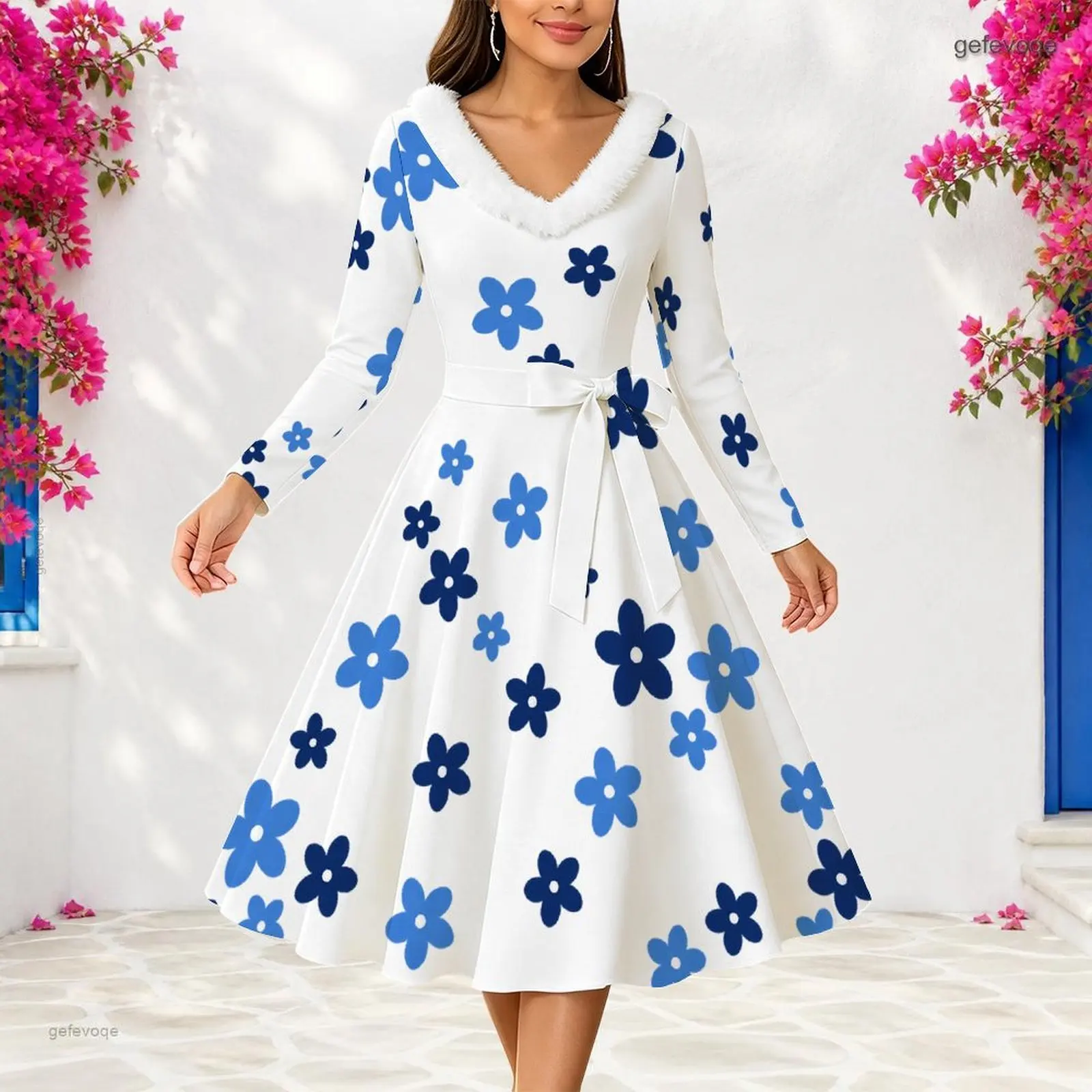 Women White Base Maple Oak Leaf Printed Long Sleeve Fuzzy V Neck Tie Waist A Line Dress