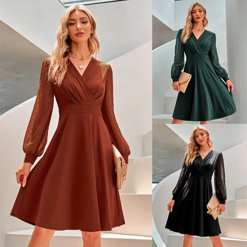 2024 Autumn and Winter New Fashion Women's Solid Color  V-neck Jacquard Dress for Women Casual Slim Pleated Knee Skirt