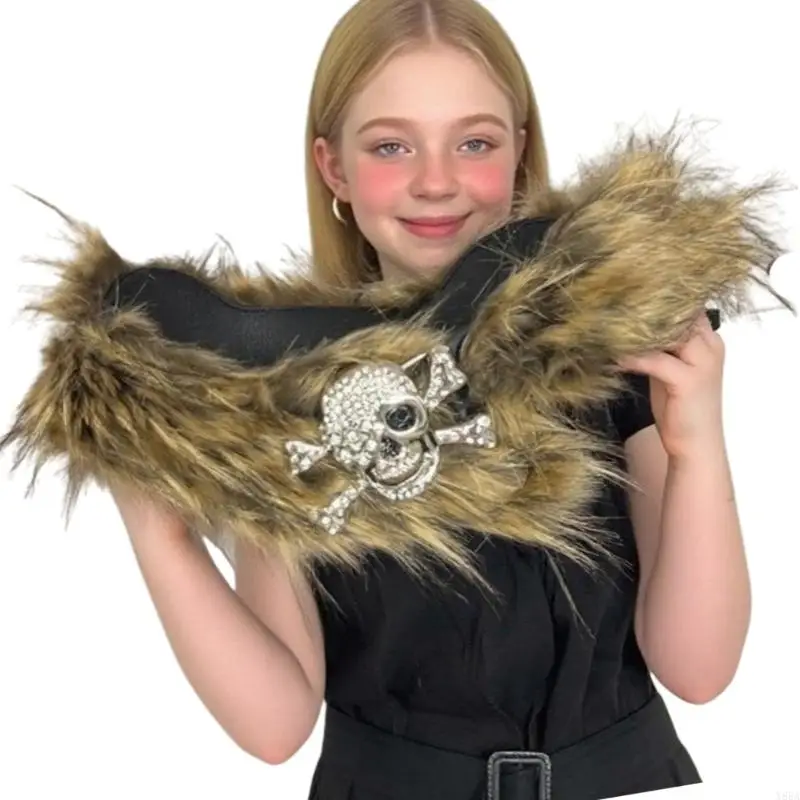 Y88a Регулируемый ужас тематическая пояс пушистого пояса, показывая дизайн черепа и нечеткий коричневый вид