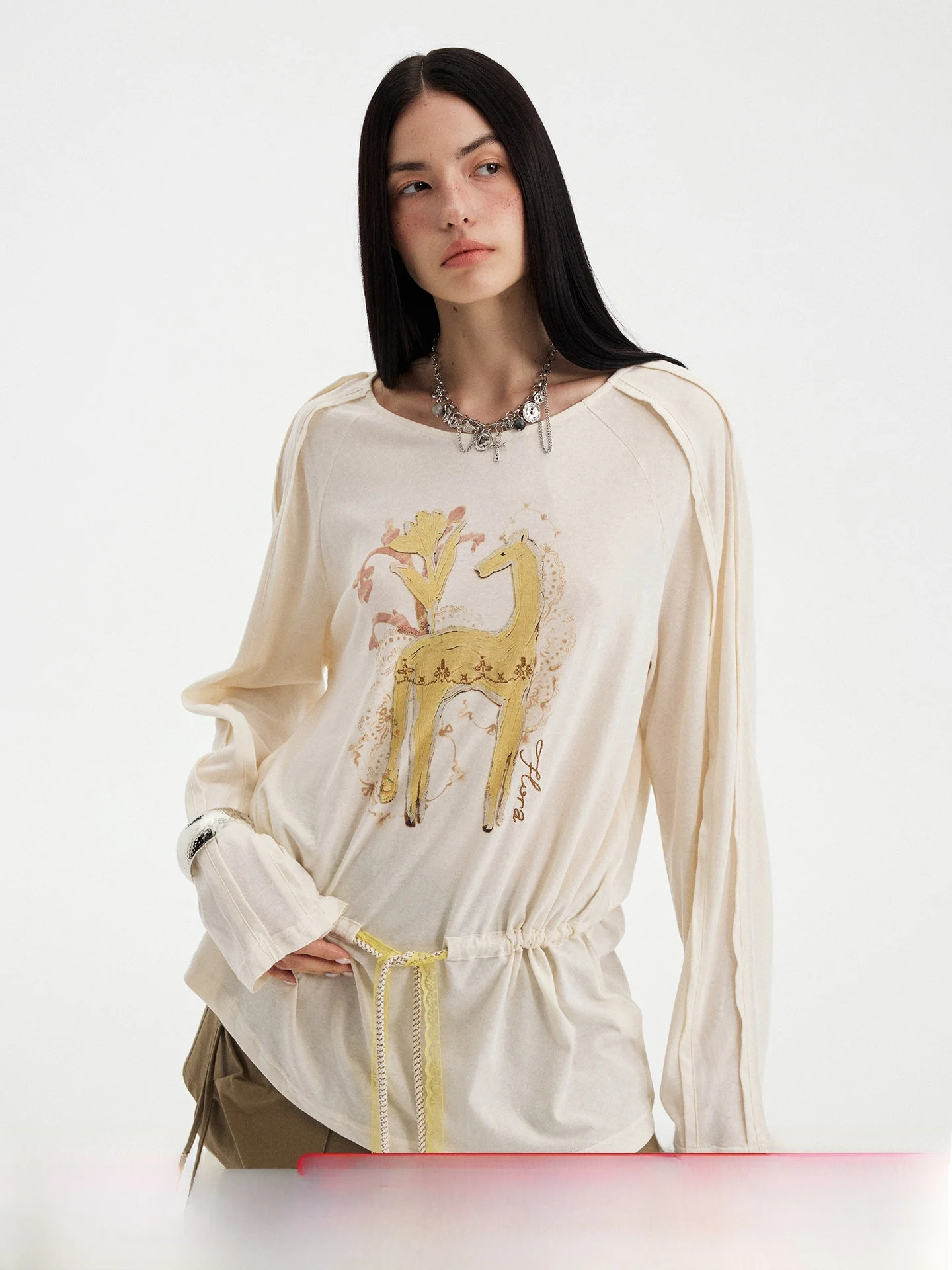 DIDDI MODA Floral Long Sleeve round Neck T-Shirt Women Summer 2026 New Casual Style Loose Fit Drawstring  Design Top