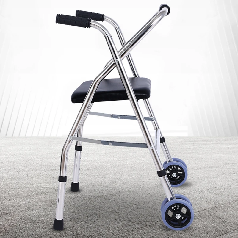 Folding Walker with Seat Pulley Four Legged Crutches for Elderly Rehabilitation Exercise Walker Height Adjustable Stable Walker