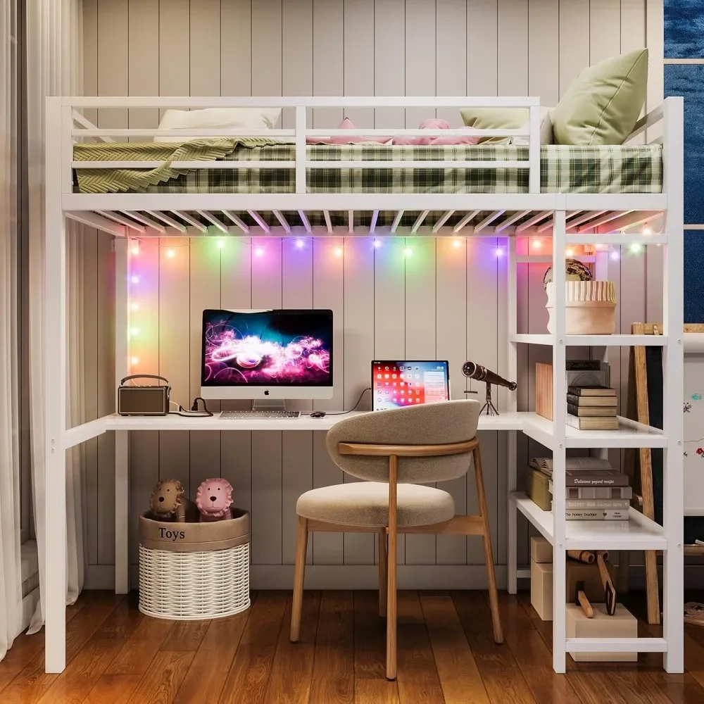 Loft Bed Twin Size with L Shaped Desk and Shelves,Heavy Duty Metal Loft Bed Frame with Power Outlet and LED Lighted,Space-Saving