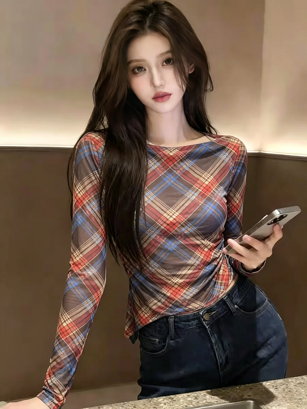 

Korean Style Long Sleeve T-Shirt Women's Summer Checkered Mesh Ribbon Design Irregular Top Self-Contained Retro Grid Pattern