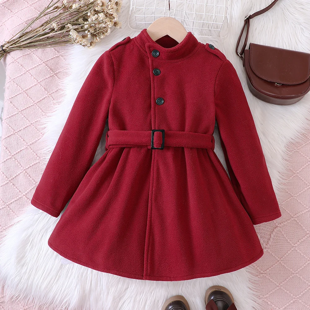 

2023 Winter New Girls Dress Long Sleeve O Neck Sashes Button Red Cute Designer Girls Princess Dress Vestido 5-10T