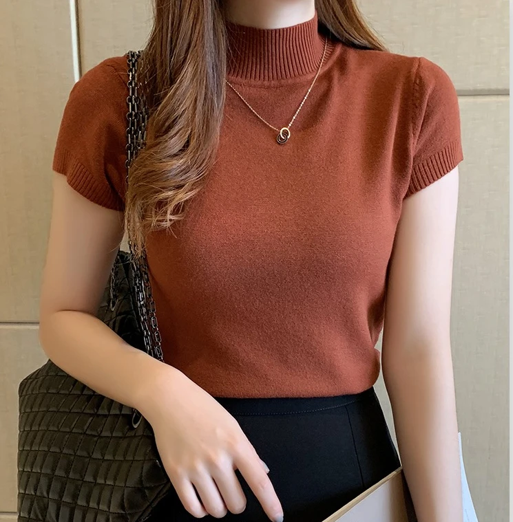 Halbhohes T-Shirt für Damen, modischer Pullover, lässige Oberteile, koreanischer Stil, elegante einfarbige Kleidung, Frühlings- und Sommersaison – Detail 2