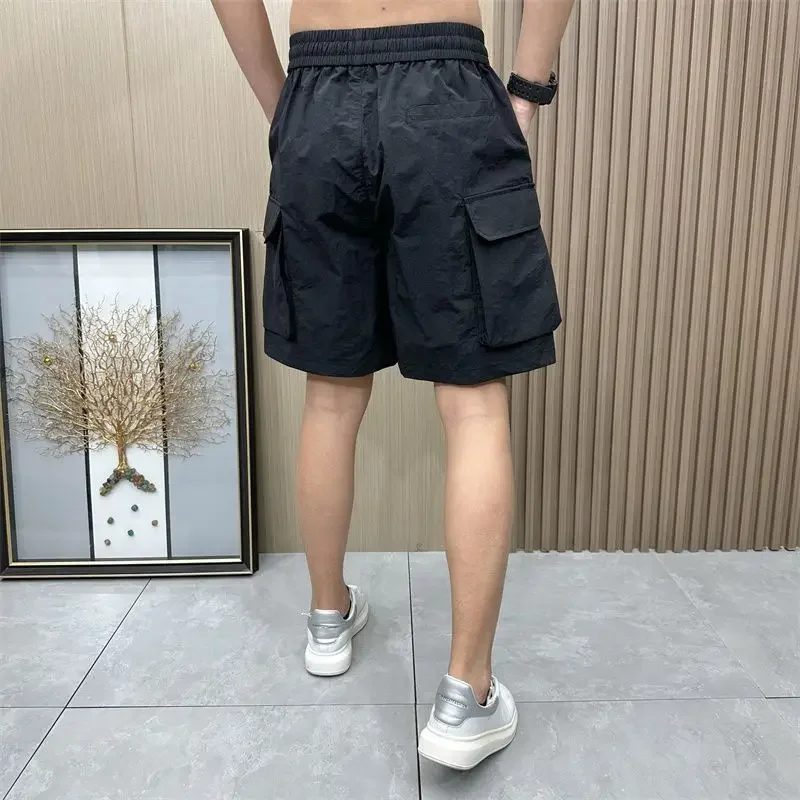 

Длинные мужские шорты-карго с завязками, однотонные короткие брюки с полуширокими карманами для мужчин, мешковатые бермуды с эластичной резинкой на талии, свободные красивые