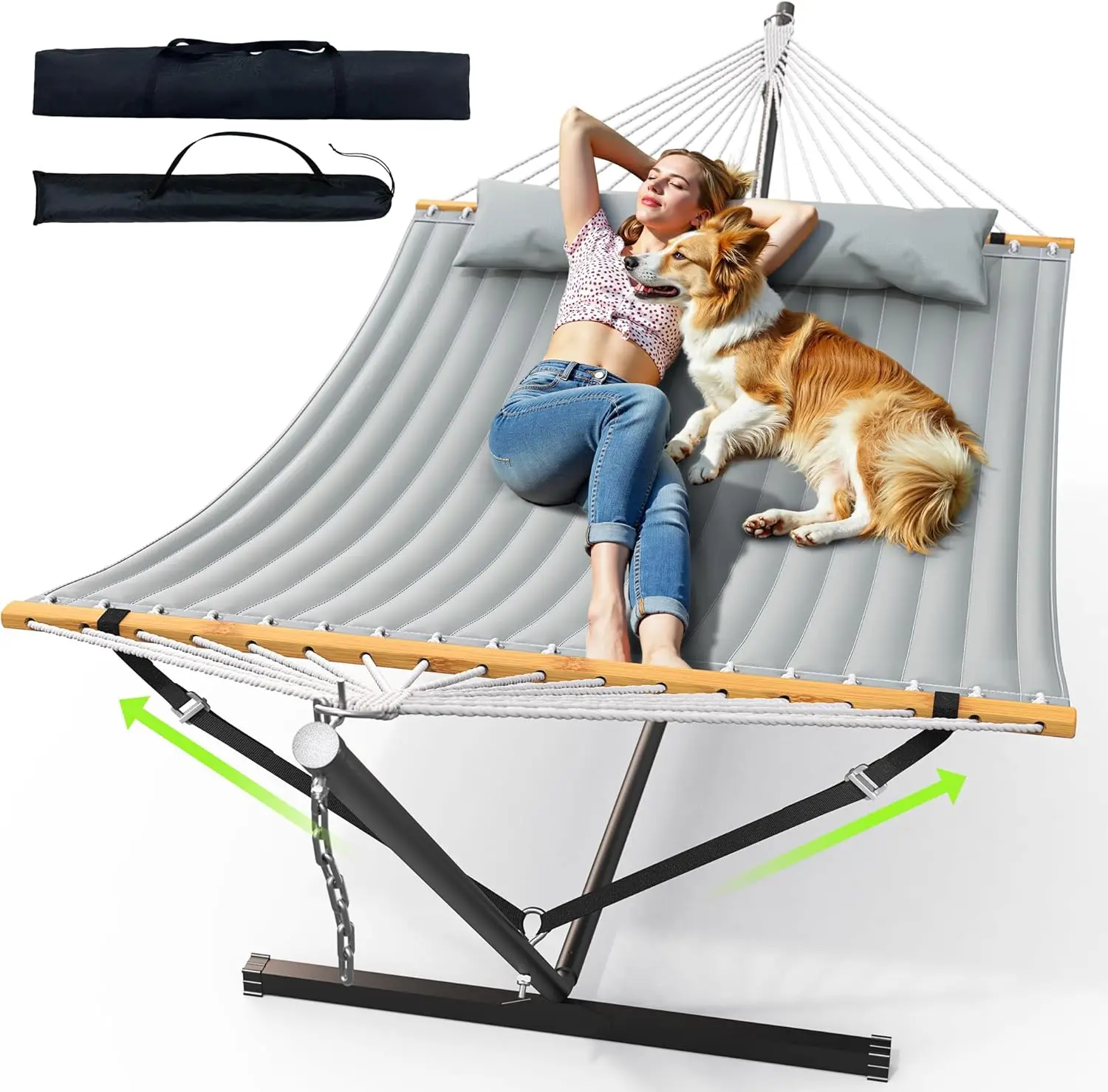 

Portable Double Hammock with Adjustable Steel Stand for Patio, Garden, Beach – Includes Carrying Bag, Dark Grey