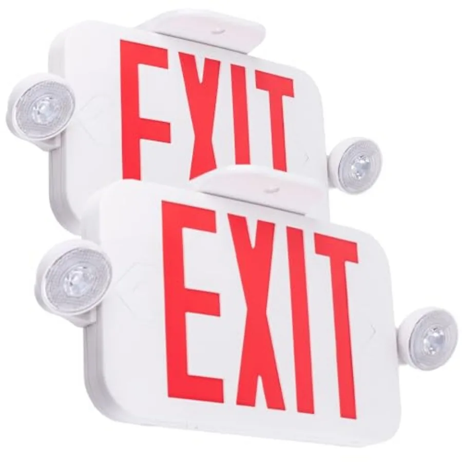 

LED Combo EXIT Sign with 2 Adjustable Head Lights and Double Face, Back Up Batteries- US Standard Red Letter Emergency Exit Lig