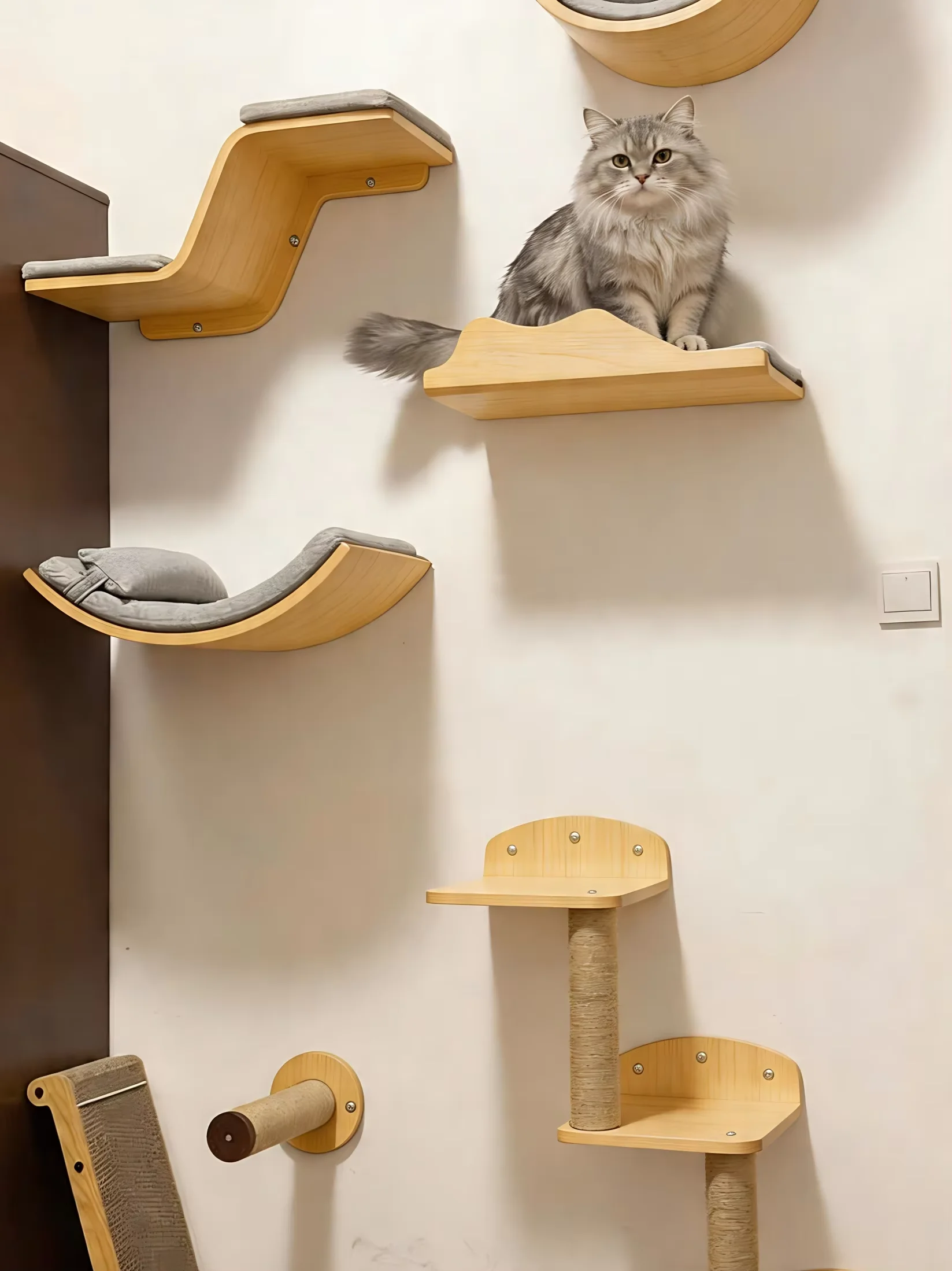 Wandmontierte Katzenmöbel aus Naturholz, Schwebende Katzenregale für Innenräume, Kletter- und Ruheplatz für Kätzchen, Platzsparendes Wandaktivitätsset für Haustiere – Detail 3