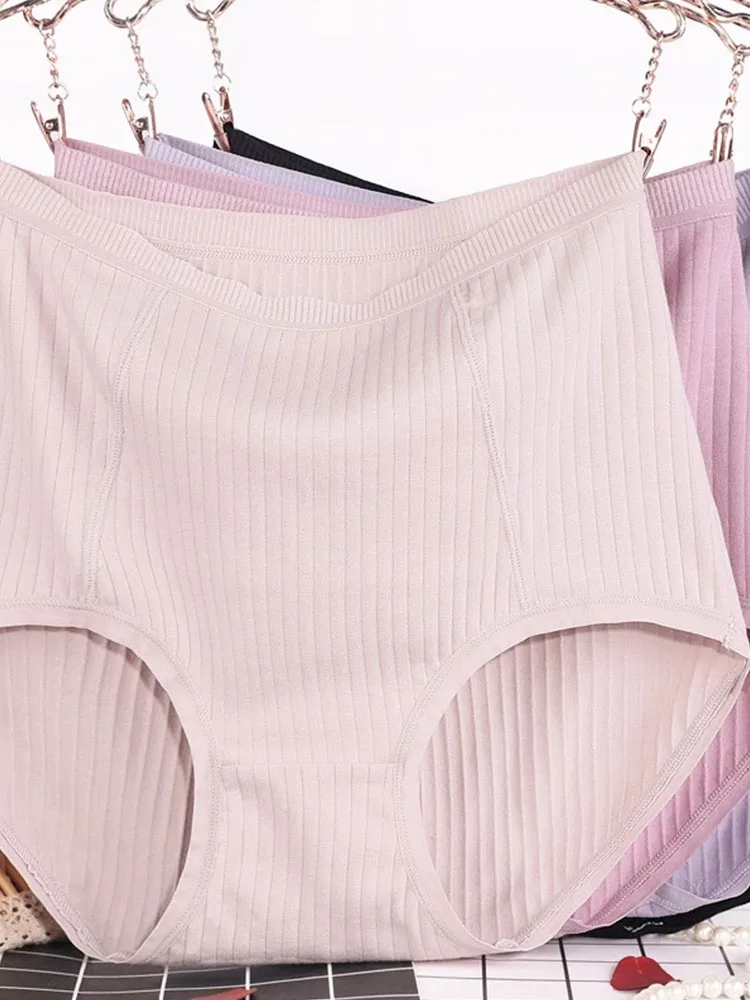 

3Pcs/set L High Waist Cotton Briefs Women's Lingerie Solid Panties Striped Underpants Breathable Underwear