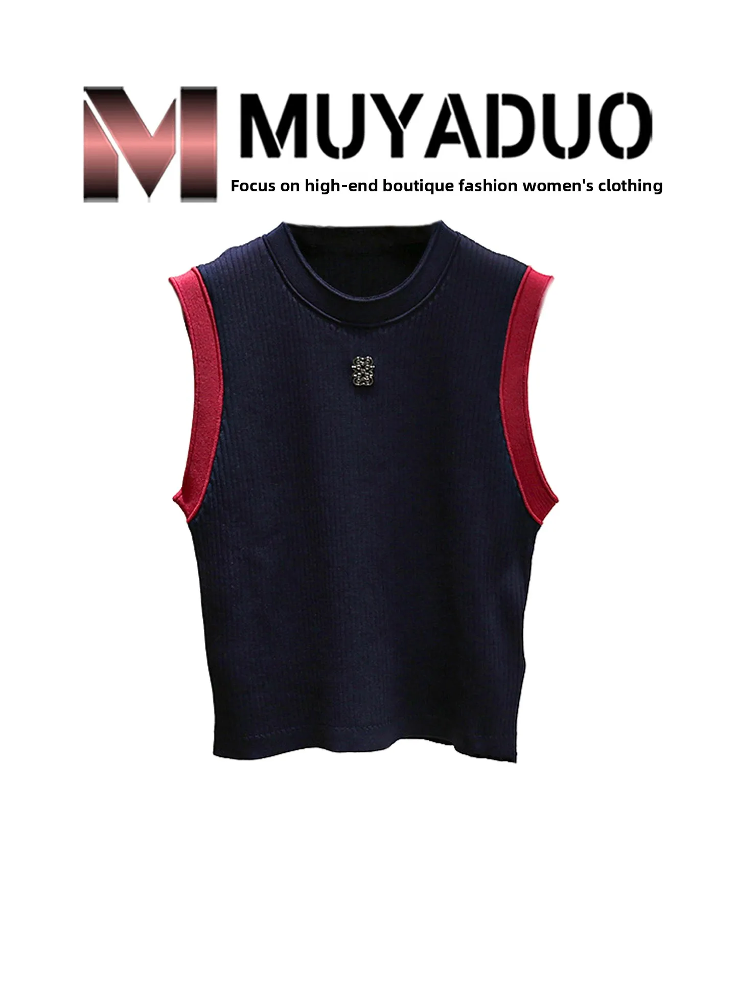 

French Sle round Ne ort Sve Knitted Vest Women's Slimming Color Blo Ribbed Top Breathable Casual Polyester Fiber