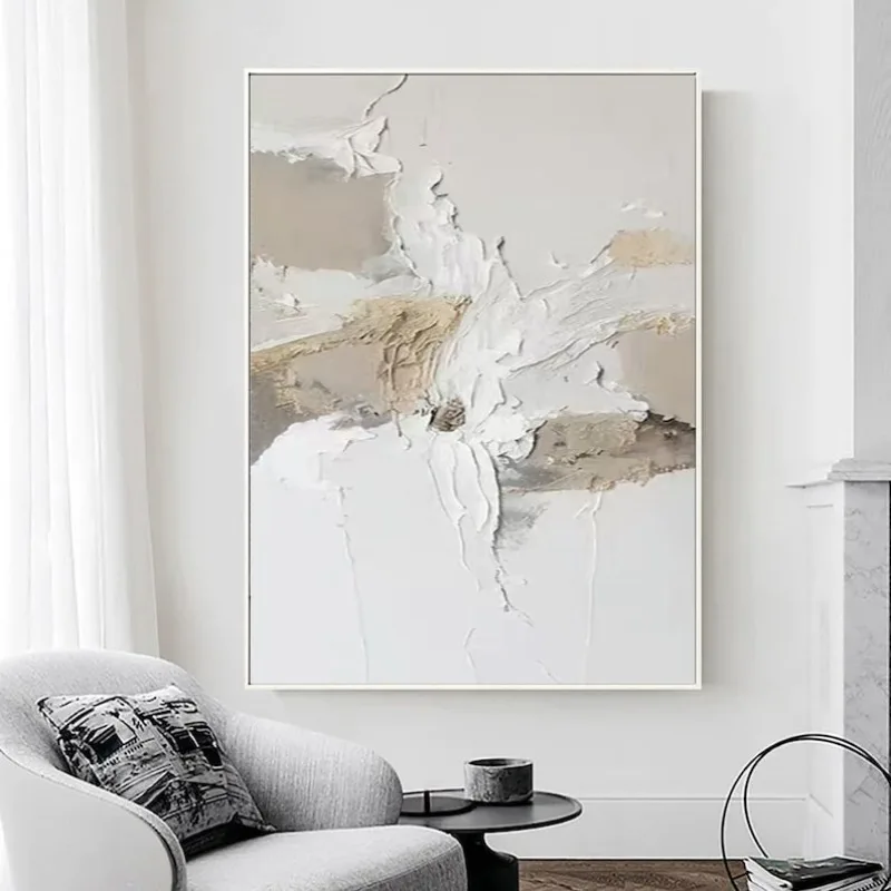 

Hand Drawn Beige & White 3D Textured Canvas Plaster Abstract Minimalist Modern Nordic Art Murals for Home Decor