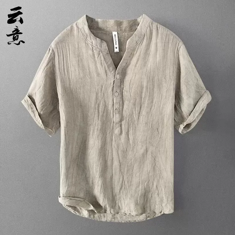 Retro Linen Short Sleeve T-Shirt Men's Thin Loose Summer New Cotton Linen Stand Collar Half Sleeve Casual Trendy Top view 2