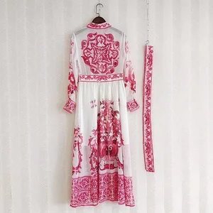 June-beobachtete Laufsteg Maxi Blumendruck für Frauen, Perlenkristall, Langarm, blaues, weißes Porzellan, falsche Seide, Chiffon-Kleider 6 Hauptverkaufskleid Blue Shirt - №5