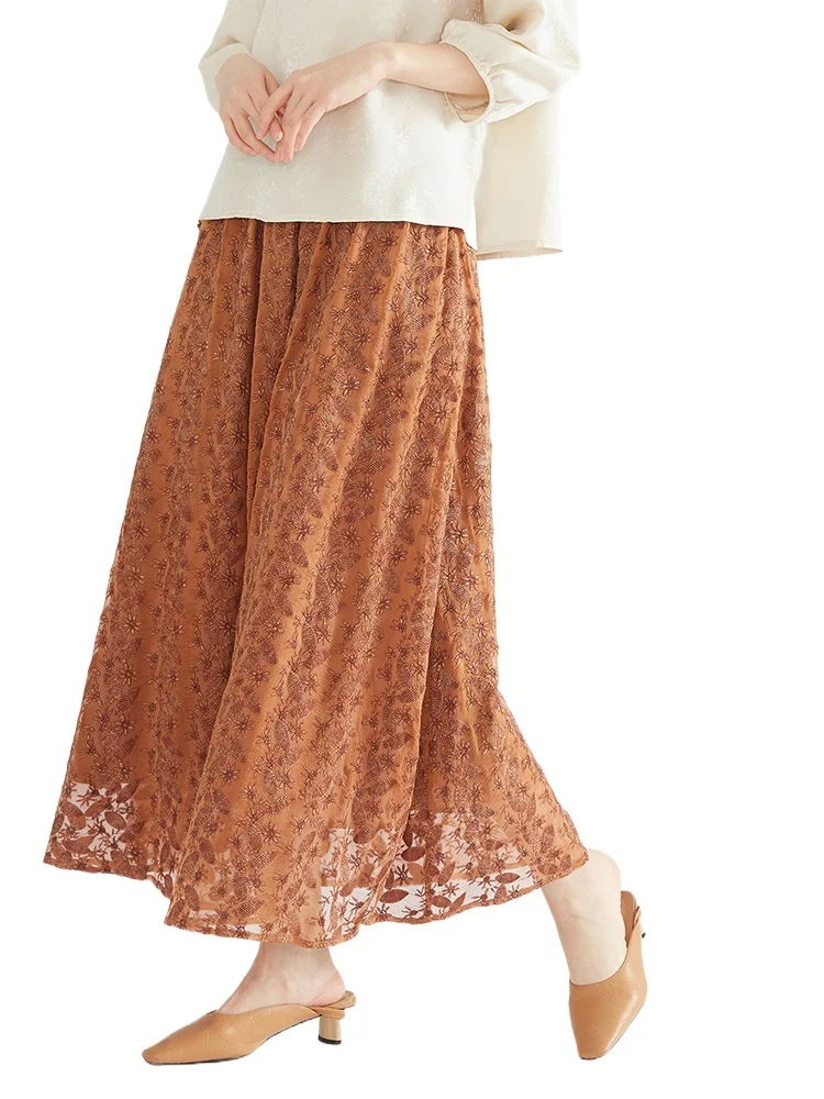 Women's Fashion Early Autumn New 100% Natural Mulberry Silk Embroidered Ochre Color Elastic Waist A-line Skirt
