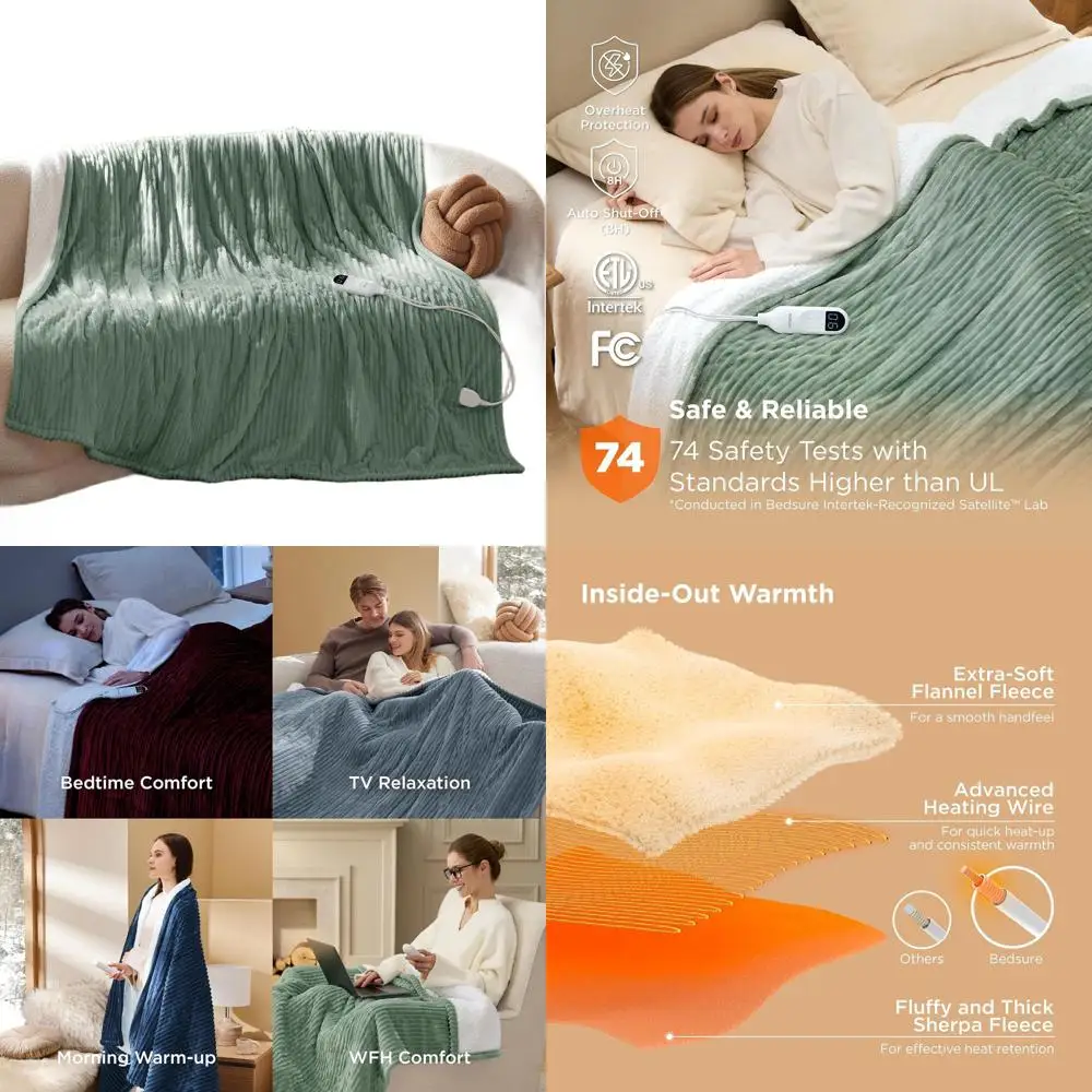 

Full Size Electric Blanket - 6 Heat Levels, 10 Timer Options, 8-Hour Auto Off, Soft Flannel, Gift for Grandma (72x84 Green)