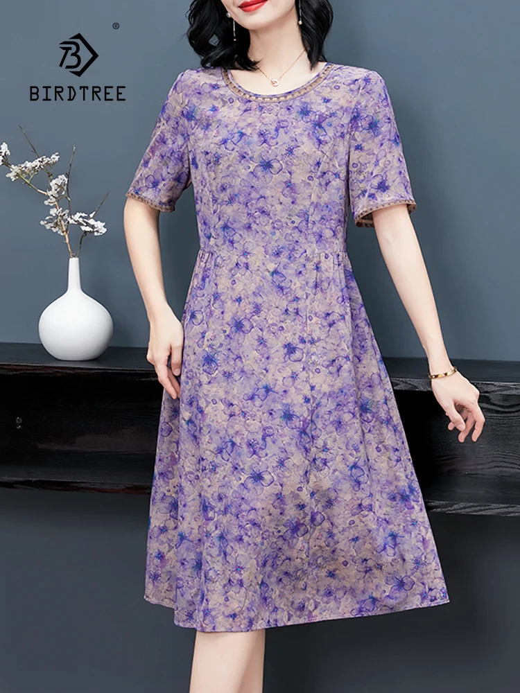 BirdTree, 100%Real Silk Eleagnt Dresses, Women Half Sleeve Printed, Temperament French Oversize Mom Dress, 2024 Summer D44825QC