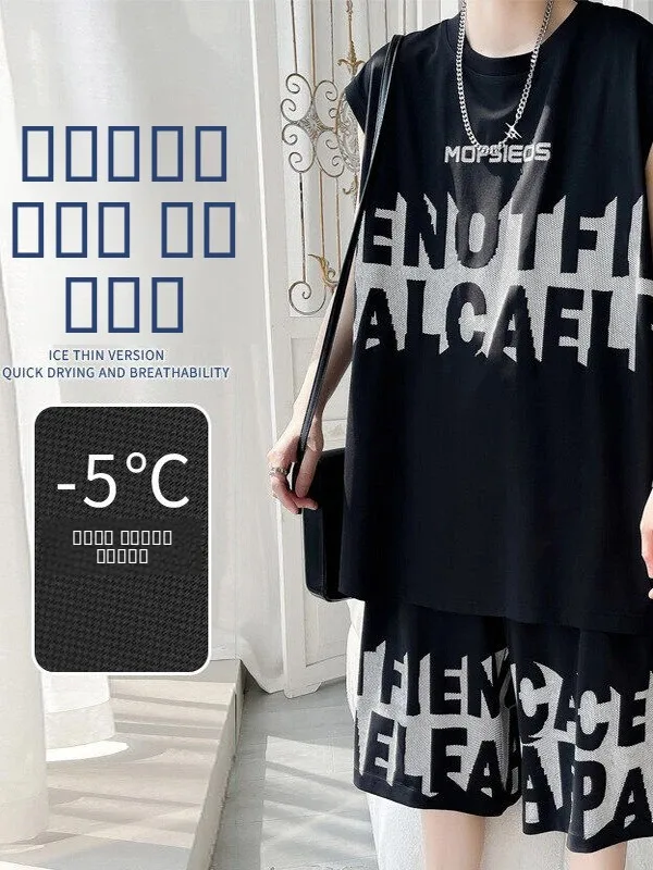 

American High Street Sport Vest Set for Men Youthful Printed Sleeveless T-Shirt Basketball Shorts Two-Piece Set Trendy