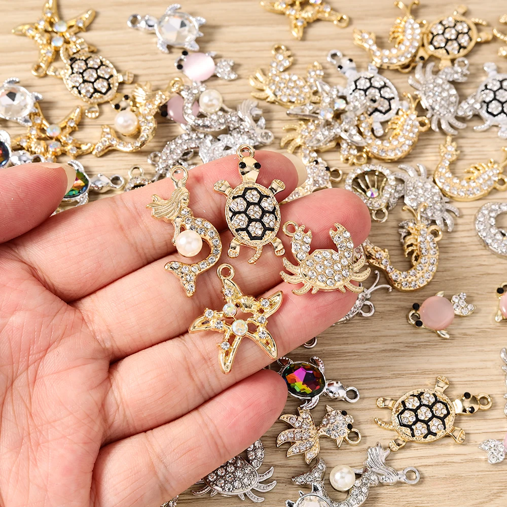 10pcs Cute Mix Crystal Metal Turtle Crab Fish Shell Charms Pendants for Jewelry Making Necklaces Earrings DIY Crafts Accessories