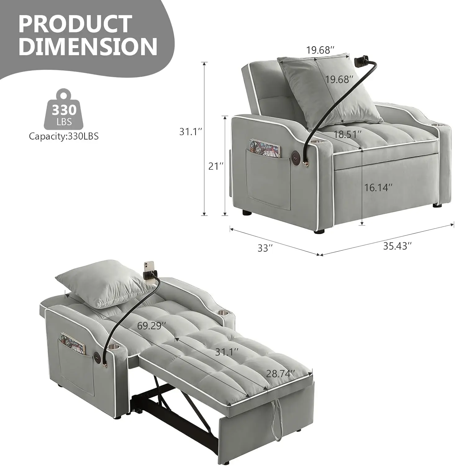 Sleeper Sofa Chair Bed Convertible Pull Out Couch 3 in 1 Velvet Futon Sofa Single Recliner for Small Spaces with Pillows Side Po