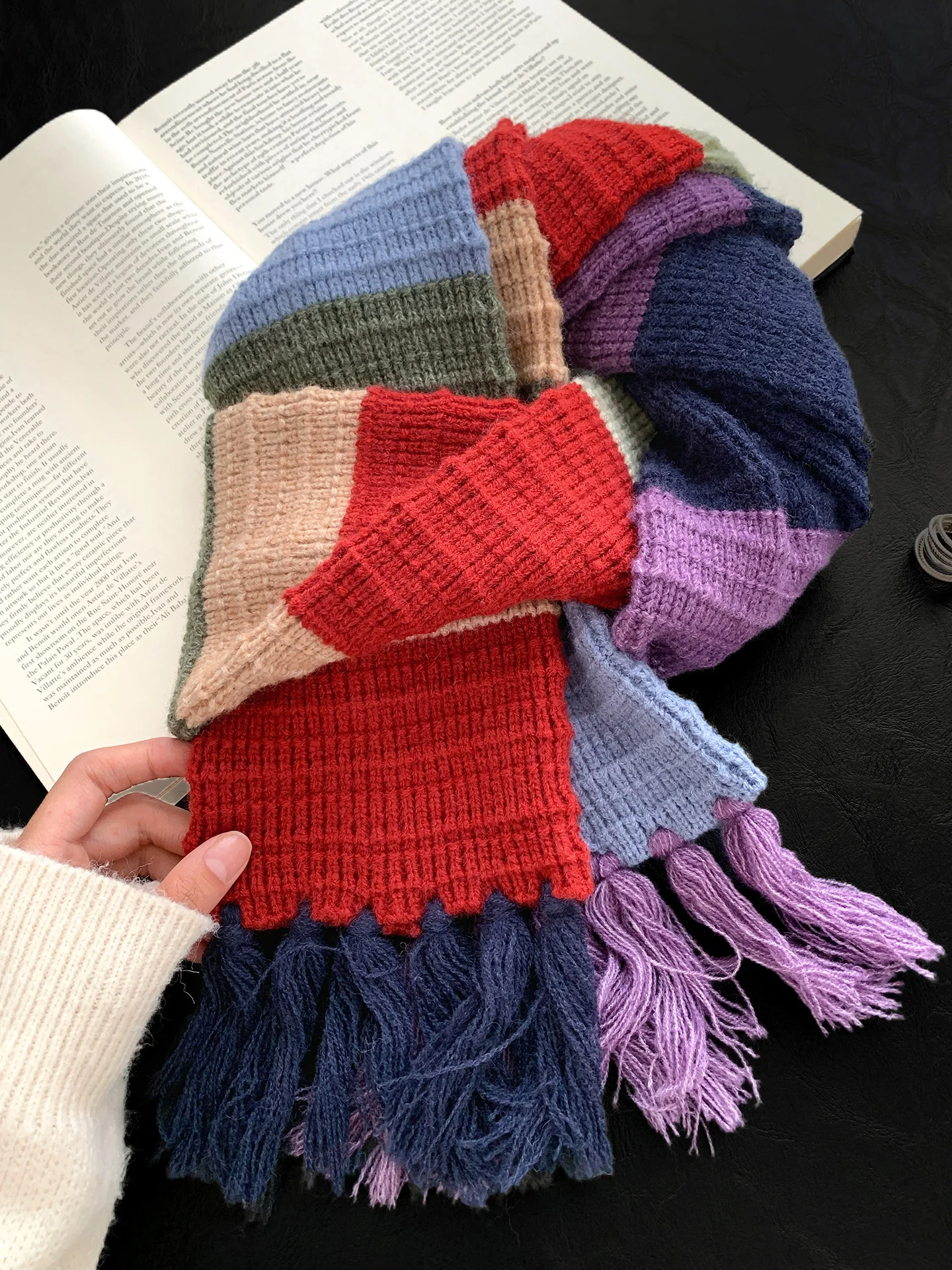 Rainbow Color Block Tassel Knitted Scarf Women's Autumn Winter New Style Photo Atmosphere Warm Versatile Neck Protection Scarf