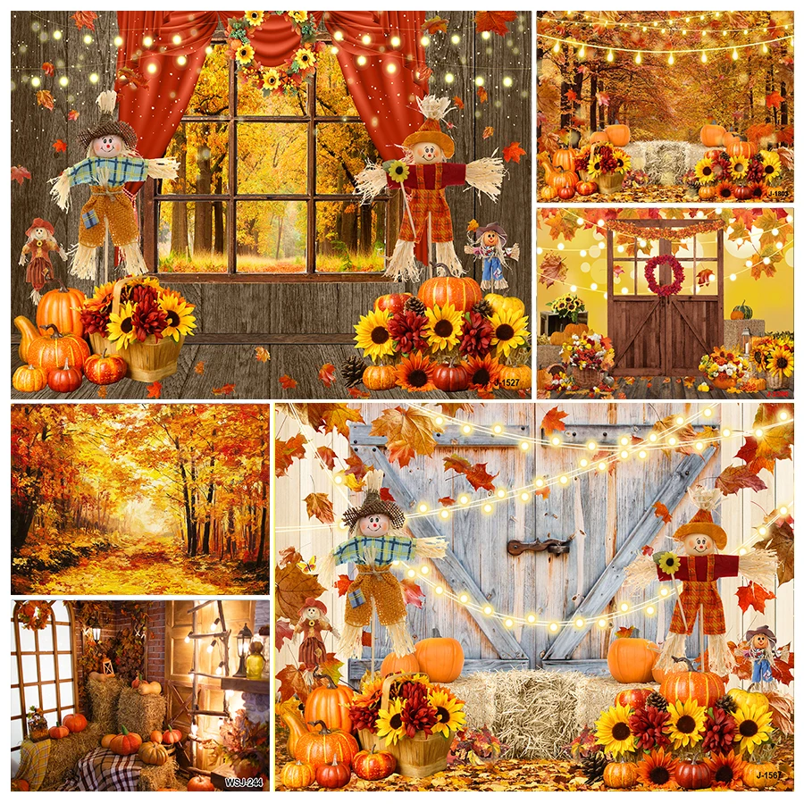 

Autumn Party Backdrops for Photography Harvested Fall Hay Blocks Pumpkin Baby Shower Photo Photographic Background Studio Shoots