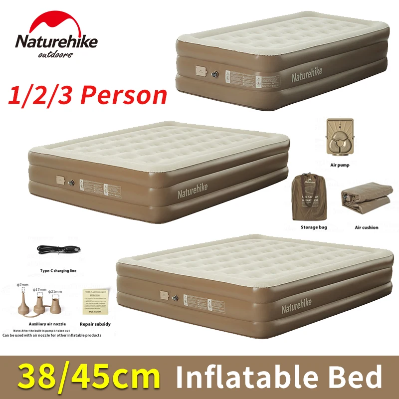 

Naturehike Air Mattress 38cm/45cm Thickened Outdoor Camping Inflatable Bed with Built-in Pump 1/2/3 Person PVC Pad Sleeping Mat
