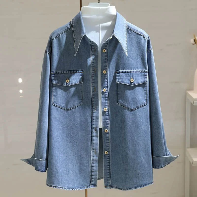 

Denim Shirts for Women Vintage Long Sleeve Solid Cardigans Polo-neck Casual Single Breasted Korean Style One-piece Women Tops