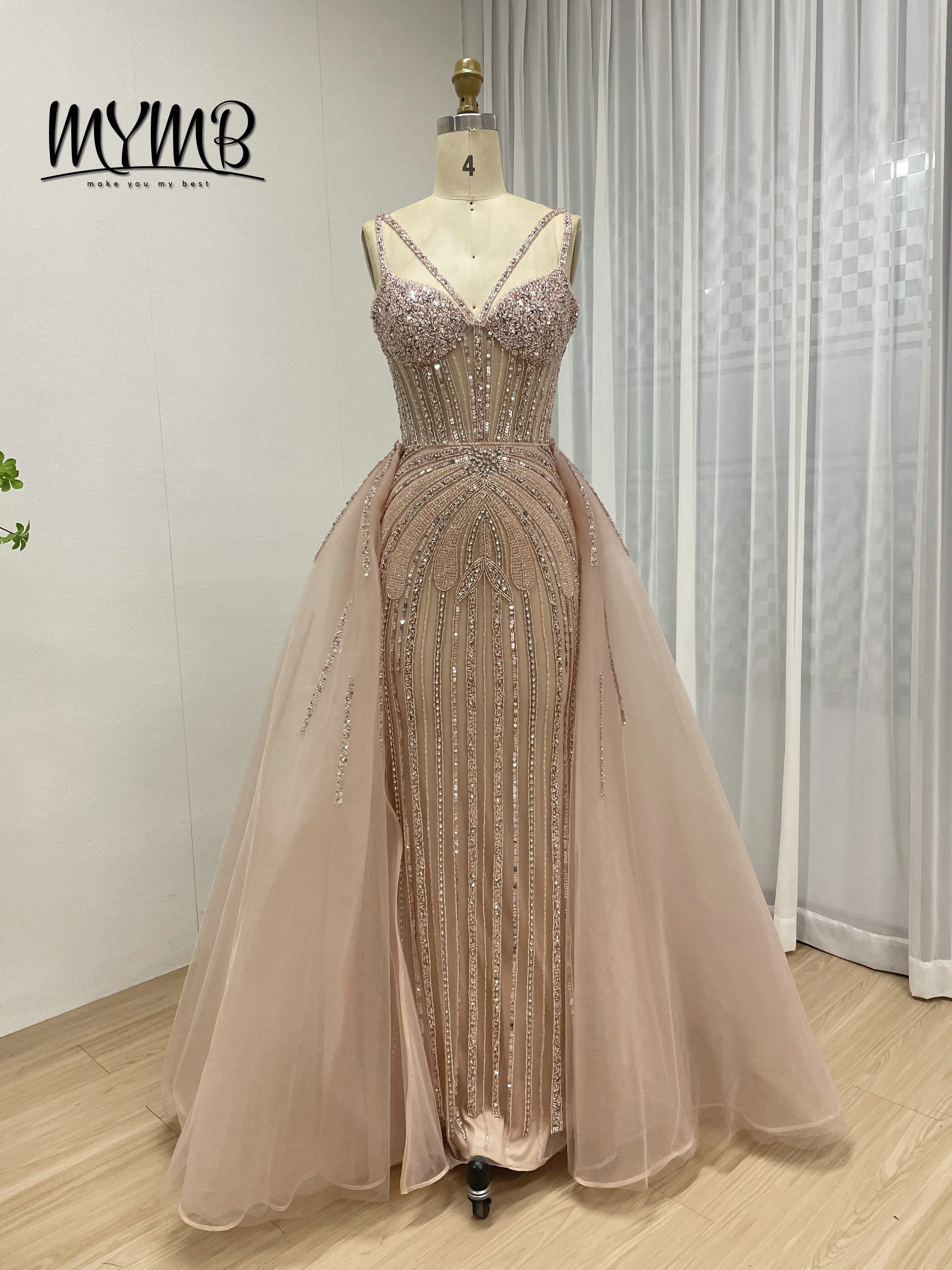 Mymb prata sexy chique sereia casamento luxo rosa frisado vestidos de noite overskirt elegante formal vestidos de festa para mulher my30161