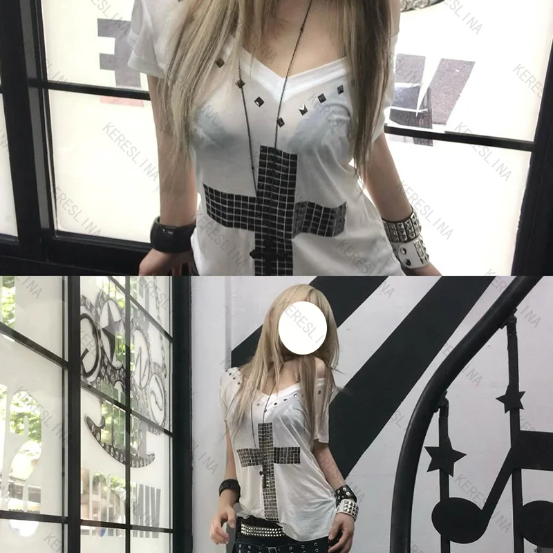 

Sexy Gothic Vintage Y2K Millennium Subculture Harajuku Micro Transparent V-neck Top Summer High Street Fashion Pop Versatile Top