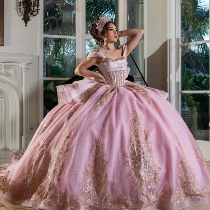 

Pink Shiny Ball Gown Quinceanera Dresses Gold Applique Lace Beading Crystal Bow Tiered Tull Corset Off The Shoulder Sweet 16