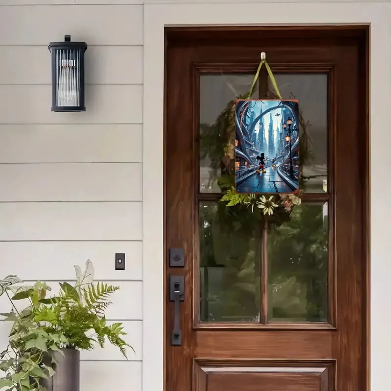 [مسطح] قطعة واحدة من فن الحائط المعلق بالحديد مقاس 8 × 12 بوصة - مغامرة مدينة ميكي ودونالد داك المستقبلية، حضري نابض بالحياة والمغامرة