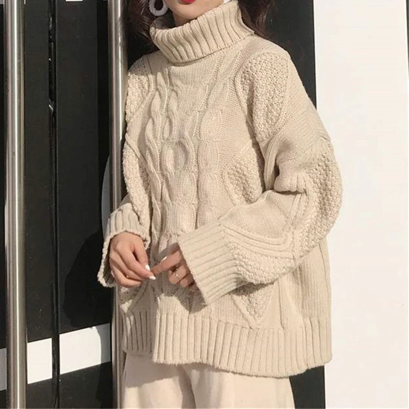 

Women Autumn Winter Knit Sweater Casual Loose Twist Turtleneck Sweaters Jumpers Woman Thicken Warm Long Sleeve Pullover