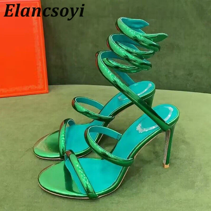 

Summer Ankle Snake Shaped Strap Entanglement Sandals Women's Real Leather Narrow Band Thin High Heel Sandalias Party Dress Shoes