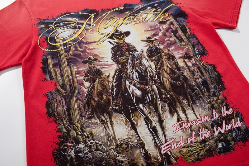 Sommer Vintage Rotes Acid Wash T-Shirt mit Alien Cowboy Western Aufdruck Lässige Oberteile Y2k Streetwear Oversized Hip Hop Unisex Kleidung – Detail 8