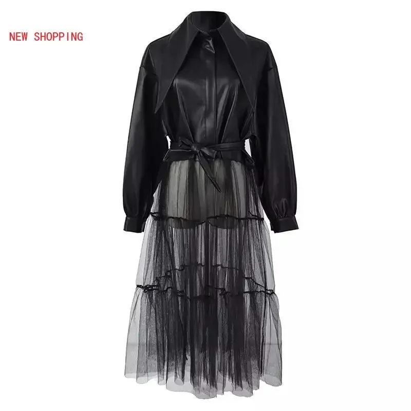 Sexy PU Faux Leather Jacket Long Sleeve Autumn Winter Women Fahsion Clothes Mesh Sheer Turn Down Collar Night Club Jackets NEW