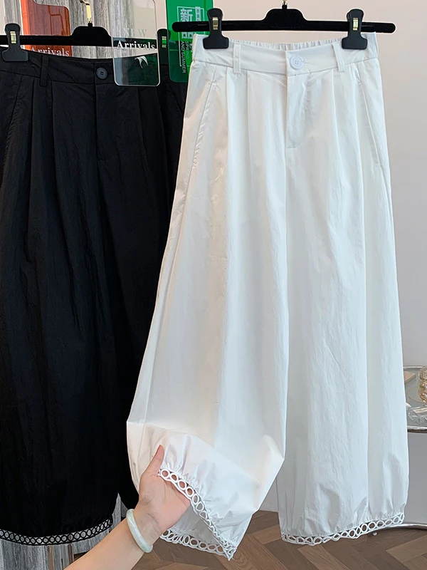 

Летние широкие брюки с тонкой кружевной отделкой, повседневные брюки с высокой талией, утягивающие женские брюки из смеси хлопка больших размеров, удобные брюки...