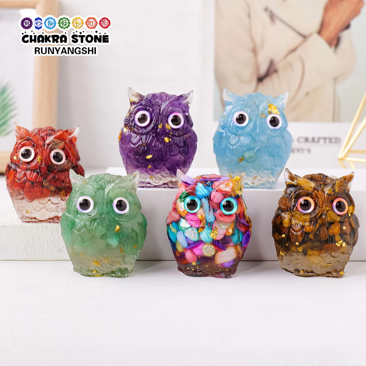 1PC Natural Crystal Macadam Owl Mini Resin Drops Cute Animal Image Reiki Healing Desktop Home Decor Crystal Crafts Small Decor