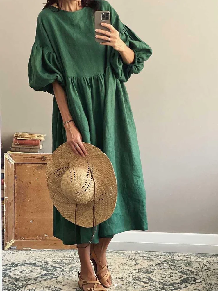 

Msfancy Puff Sleeve Dress Women Cotton Short Sleeve Loose Robe Femme 2023 Vintage Vocation Vestidos