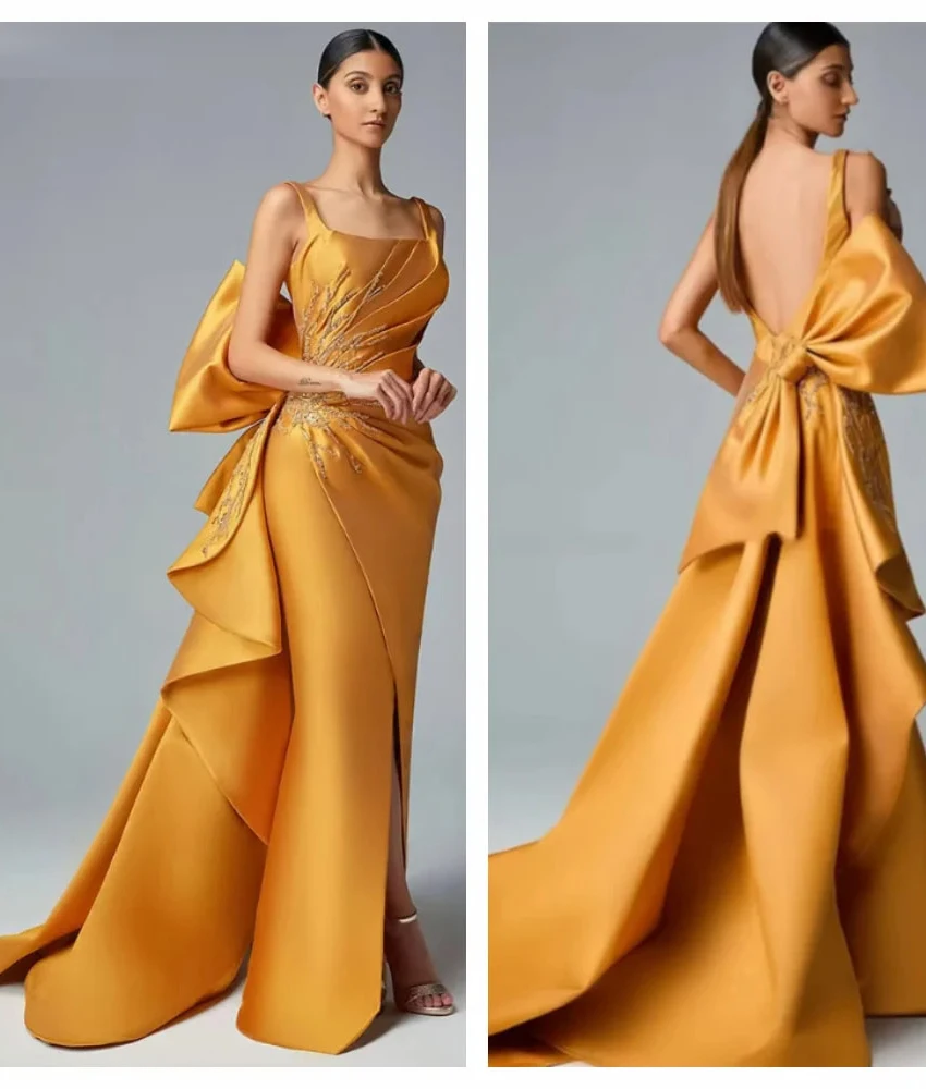 

MCDV Изысканное атласное платье-русалка на тонких бретельках с блестками и кристаллами, бисером, 3D бантом, вечернее платье, нежные вечерние платья