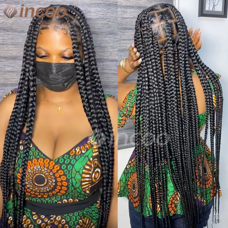 36 Inches Synthetic Knotless Large Square Box Braided Wigs Full Lace Frontal With Baby Hair For Afro American Women Braided Wigs