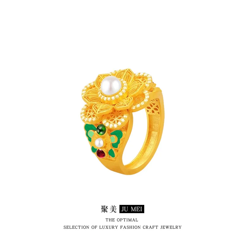 

Light luxury 24K real gold Chinese style high-end au9999 pure gold enamel double-layer silk movable ring for women