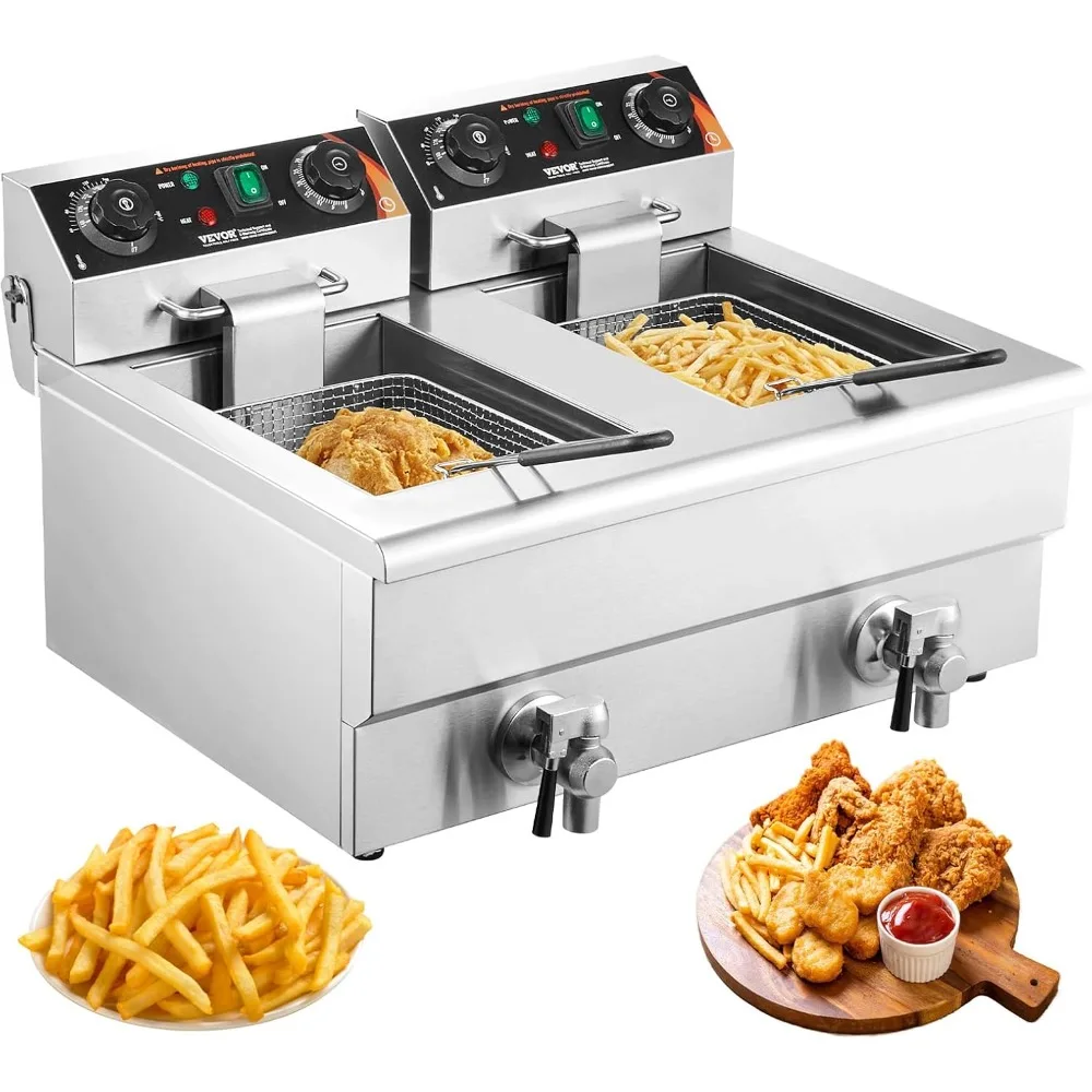

Dual Tank Electric Countertop Deep Fryer, 3000W, 2 x 11.6Qt Stainless Steel Oil Fryer with Basket