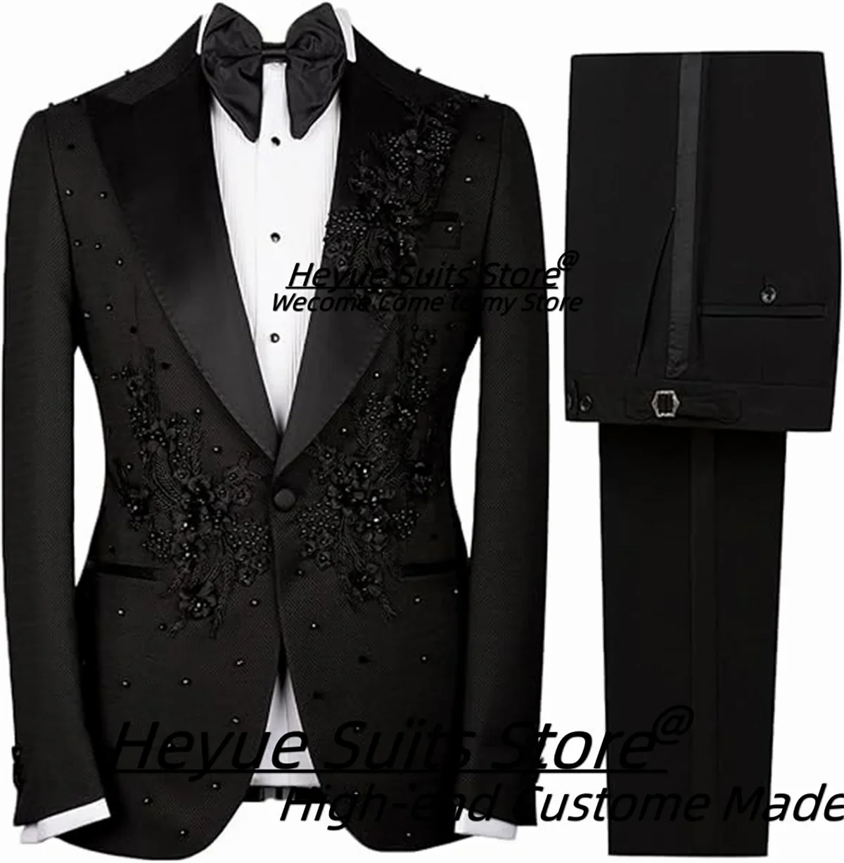

Luxurious Formal Groom Wedding Tuxedos Customized 3D Flower Bead Embroidery 2 Pieces Sets Male Prom Blazers Slim Costume Homme