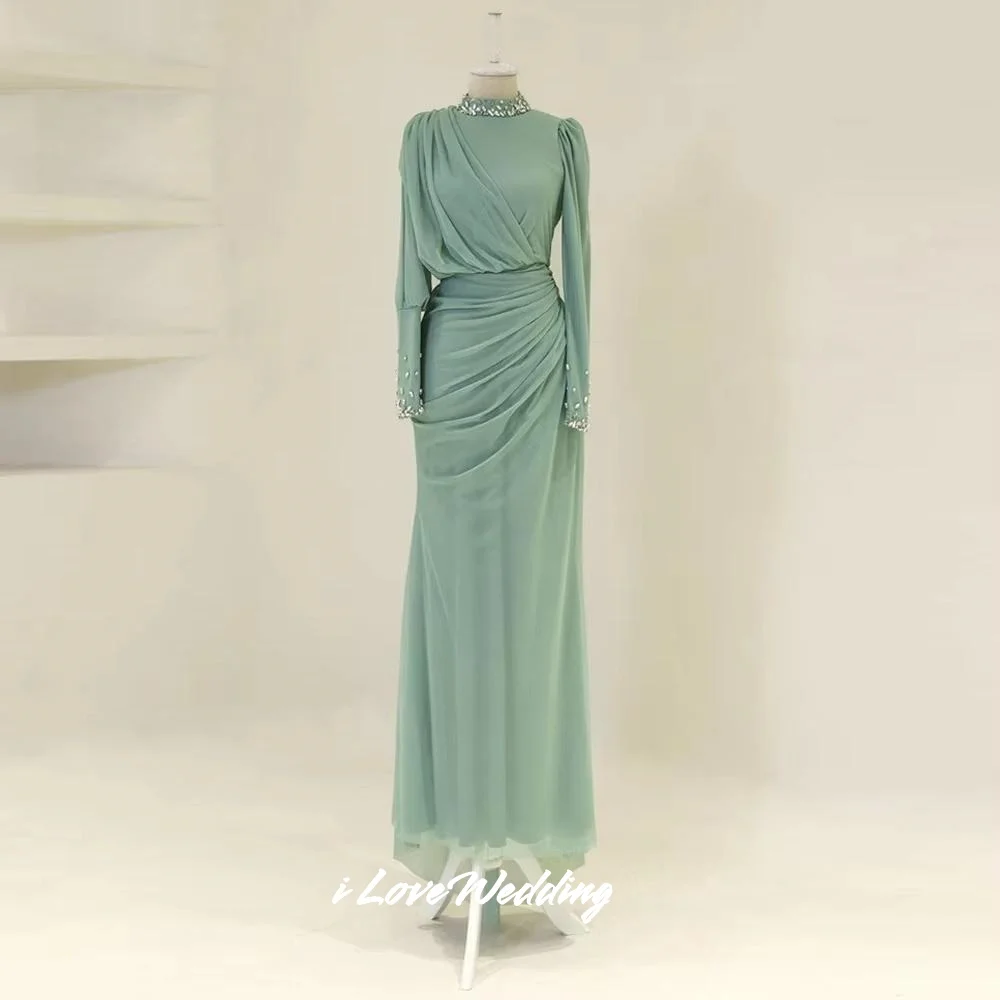 Islamic Prom Dresses High Neck Long Sleeves Crystal Beading Pleat Mermaid Prom Gown Formal Party Dresses Floor-Length Customized