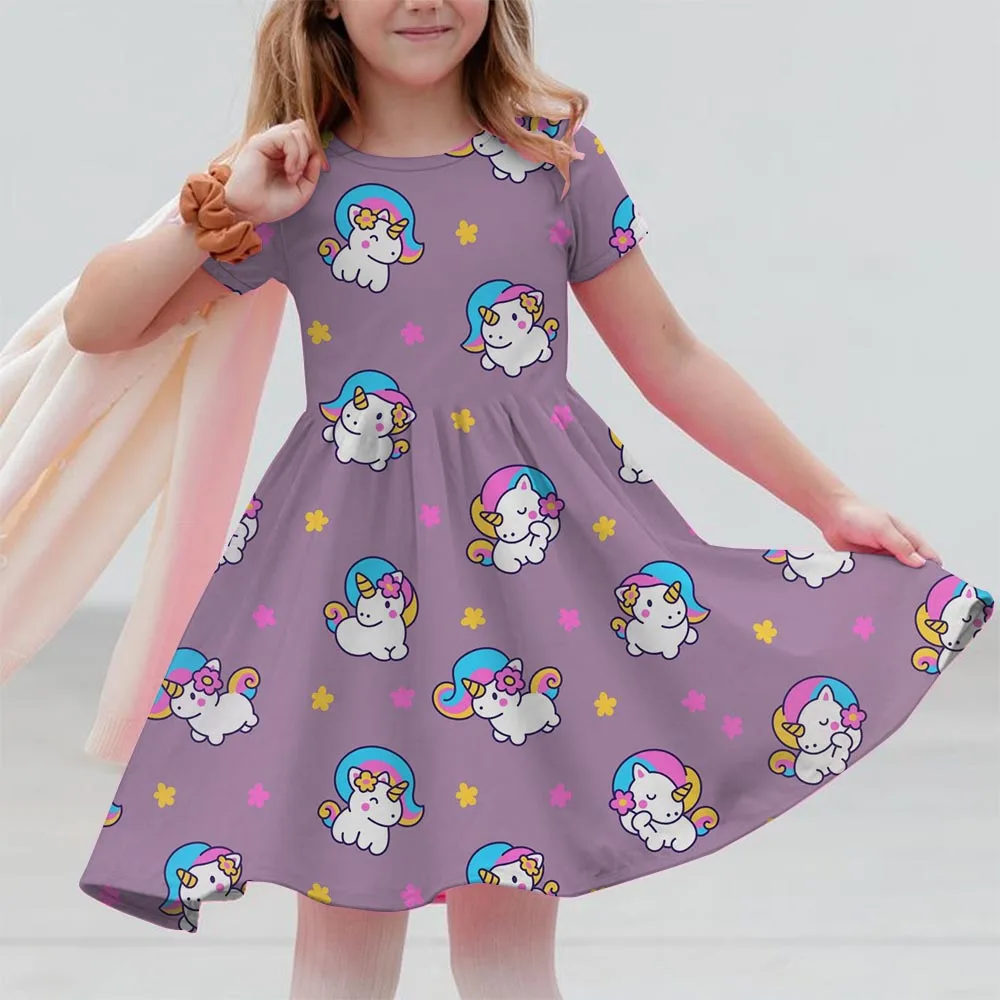 

Girl Dresses Unicorn print Children's Clothing Summer Kids Clothes Girls Party Princess Fashion Outfit Flower Pattern Beach Dres