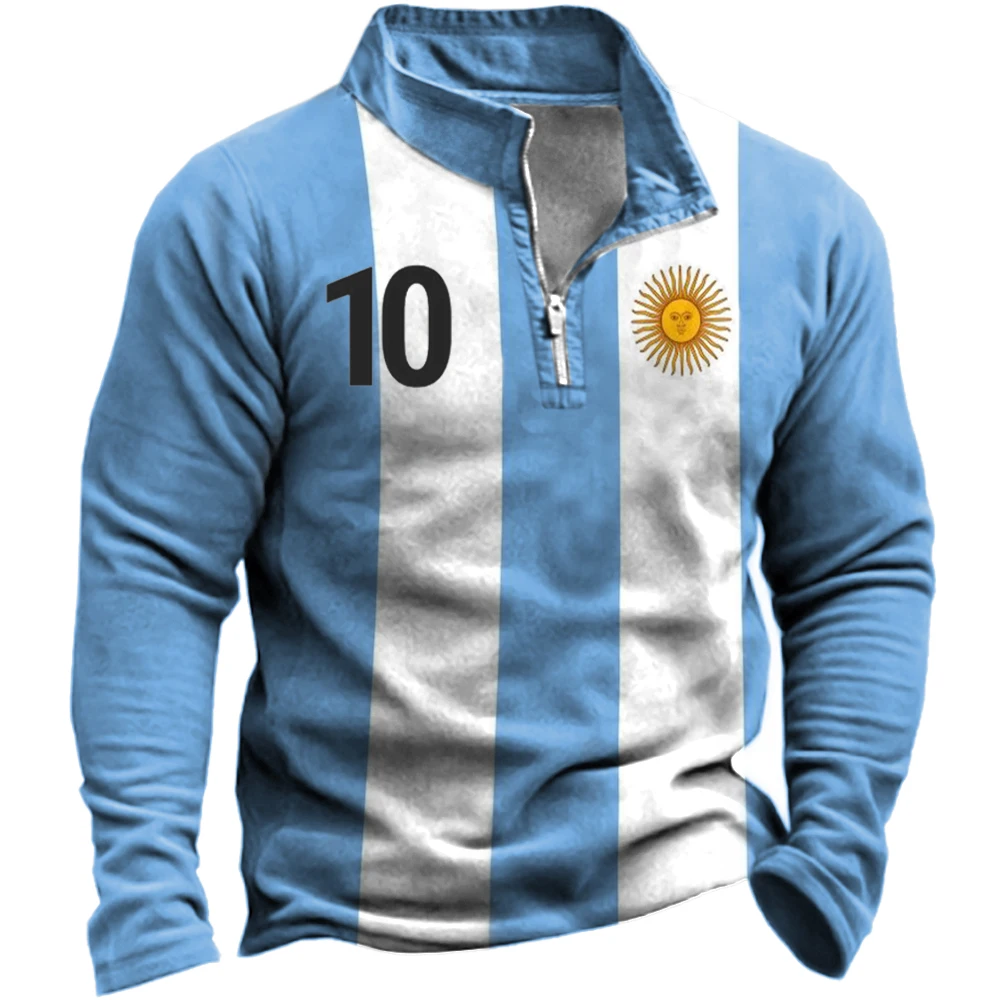 Moletom casual com bandeira marroquina masculino, jaqueta gola com gola, polo manga longa, capuz argentino, meio zíper, moda