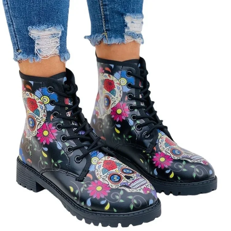 Digital Print Autumn Lady High Top Skull Pattern Boot 2022 British PU Women\'s Fashion Tooling Boots Outfdoor Woman Ankle Booties