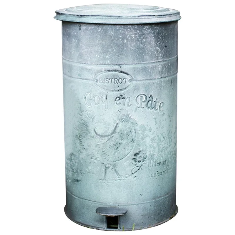 

Vintage French Bistrot Metal Trash Bin, Gray Distressed, Rooster Design, Pedal Operated, 45cm Height, Indoor Waste Container